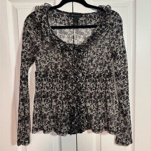 International Concepts INC floral ruffle button up lace mesh see thru top med